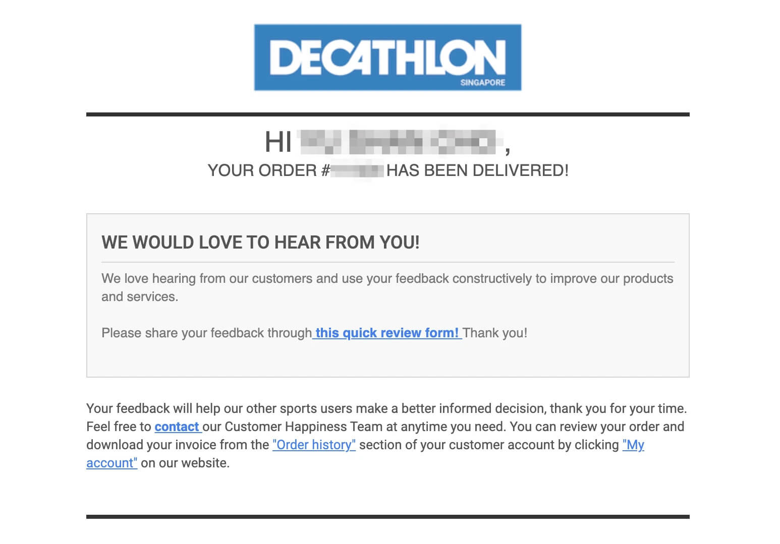 feedback email sample Decathlon